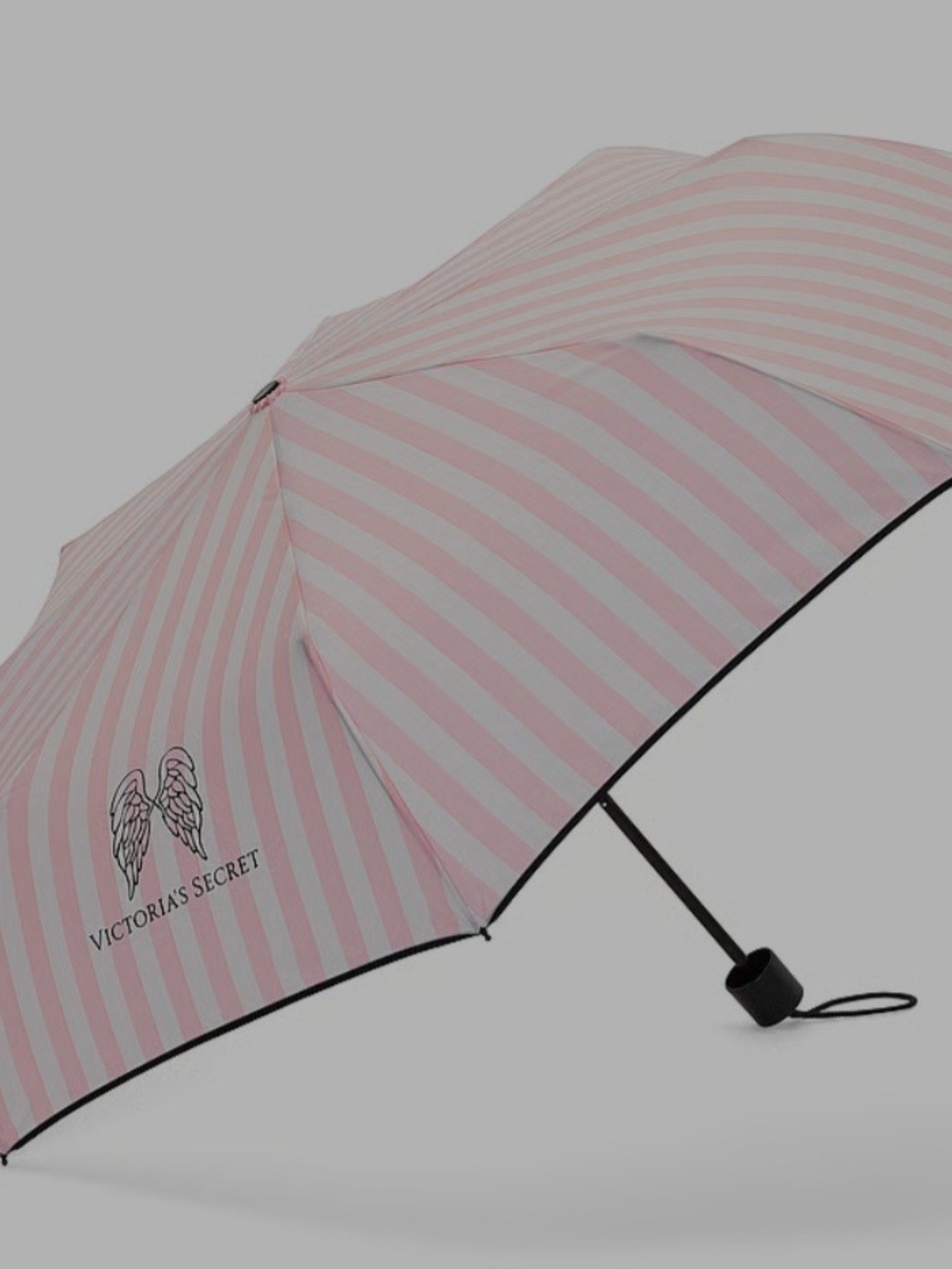 Victoria's Secret Pink and White Striped Compact Umbrella with Wing Logo